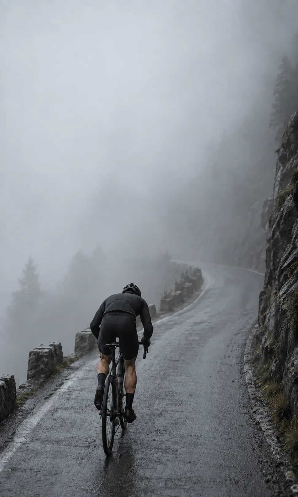 Lone cyclist out of the saddle on a wet mountain road shrouded in fog